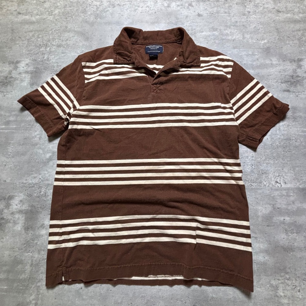 American Eagle Polo Shirt Extra Small Brown White Striped Short Sleeve Cotton